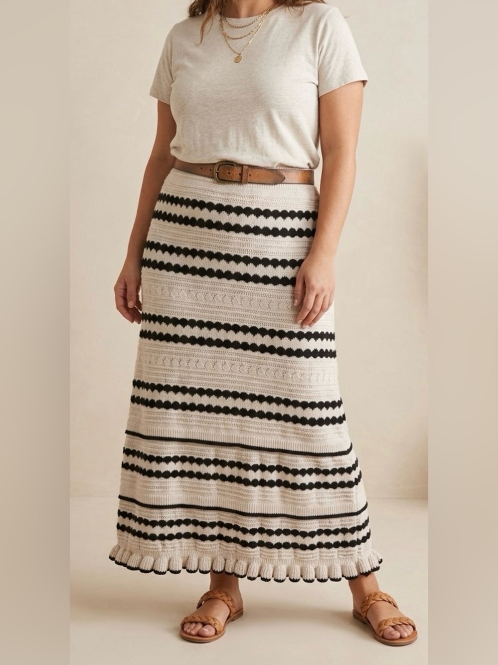 Solitaire Boho Knit Striped Midi Skirt Large Cream Black Ruffle Hem Crochet
